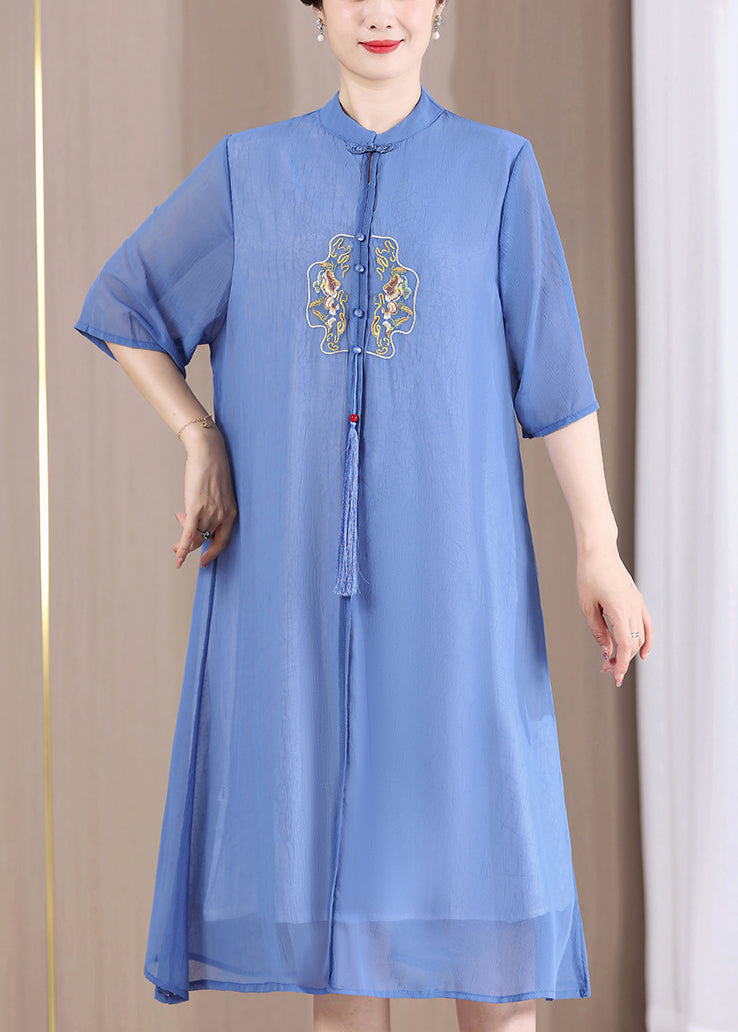 Plus Size Blue Tasseled Button Patchwork Dresses Summer