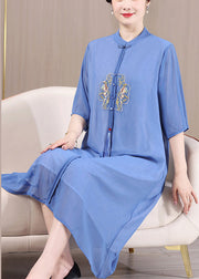 Plus Size Blue Tasseled Button Patchwork Dresses Summer