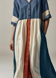 Plus Size Blue V Neck Button Patchwork Cotton Dresses Summer