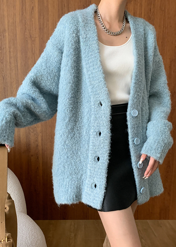 Plus Size Blue V Neck Button Woolen Cardigans Spring