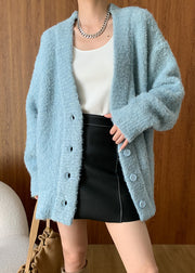 Plus Size Blue V Neck Button Woolen Cardigans Spring