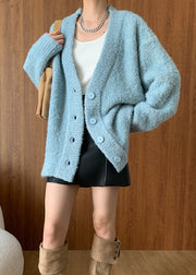 Plus Size Blue V Neck Button Woolen Cardigans Spring