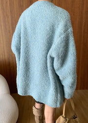 Plus Size Blue V Neck Button Woolen Cardigans Spring