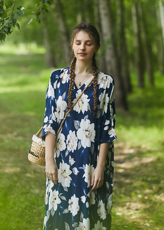 Plus Size Blue V Neck Floral Cotton Robe Dress Summer