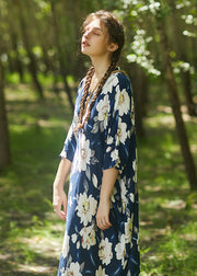 Plus Size Blue V Neck Floral Cotton Robe Dress Summer