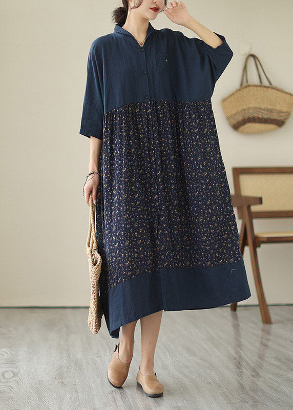 Plus Size Blue V Neck Print Patchwork Button Cotton Long Dresses Summer