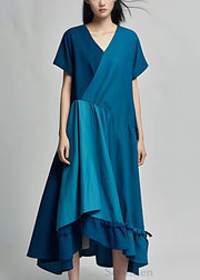 Plus Size Blue V Neck Ruffled Patchwork Cotton Long Dresses Summer