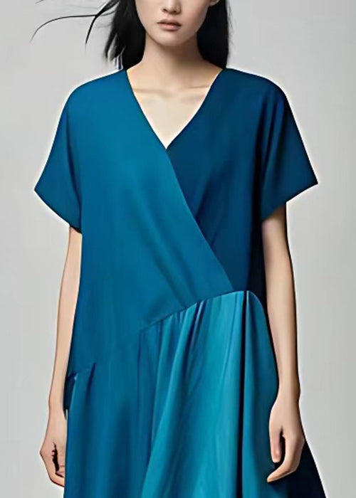 Plus Size Blue V Neck Ruffled Patchwork Cotton Long Dresses Summer