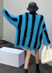 Plus Size Blue V Neck Striped Mink Hair Knitted Cardigan Winter