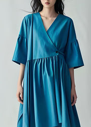 Plus Size Blue V Neck Wrinkled Patchwork Cotton Dresses Summer