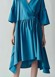 Plus Size Blue V Neck Wrinkled Patchwork Cotton Dresses Summer