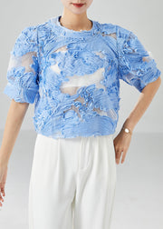 Plus Size Blue Wrinkled Hollow Out Tulle Shirts Summer