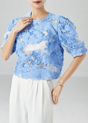 Plus Size Blue Wrinkled Hollow Out Tulle Shirts Summer