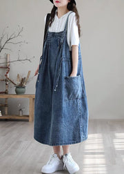 Plus Size Blue-brown flower drawstring pocket Spaghetti Strap Cotton denim Dress Spring