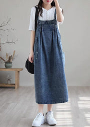 Plus Size Blue-brown flower drawstring pocket Spaghetti Strap Cotton denim Dress Spring