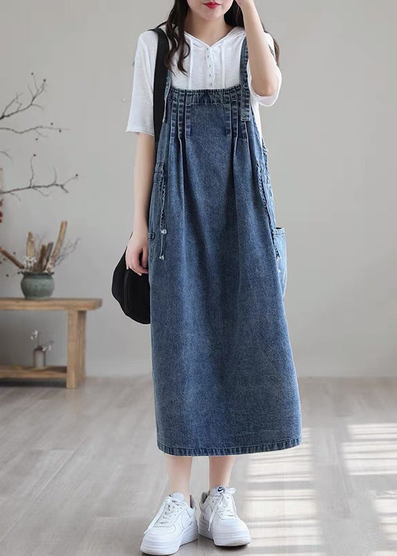 Plus Size Blue-lace drawstring pocket Spaghetti Strap Cotton denim Dress Spring