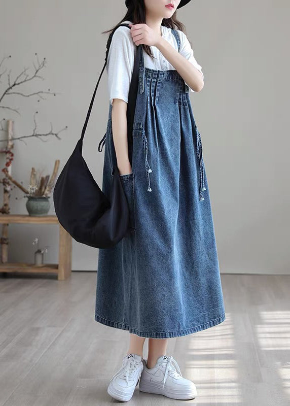 Plus Size Blue-white flower drawstring pocket Spaghetti Strap Cotton denim Dress Spring