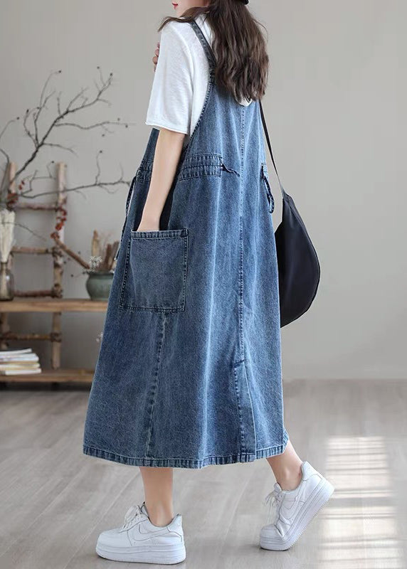 Plus Size Blue-Leaves drawstring pocket Spaghetti Strap Cotton denim Dress Spring