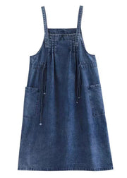 Plus Size Blue-sunflower drawstring pocket Spaghetti Strap Cotton denim Dress Spring