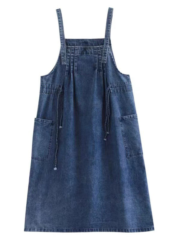 Plus Size Blue-Leaves drawstring pocket Spaghetti Strap Cotton denim Dress Spring