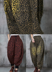 Plus Size Brick Red Oversized Leopard Print Warm Fleece Lantern Pants Spring