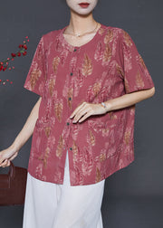 Plus Size Brick Red Oversized Print Silk Shirt Summer
