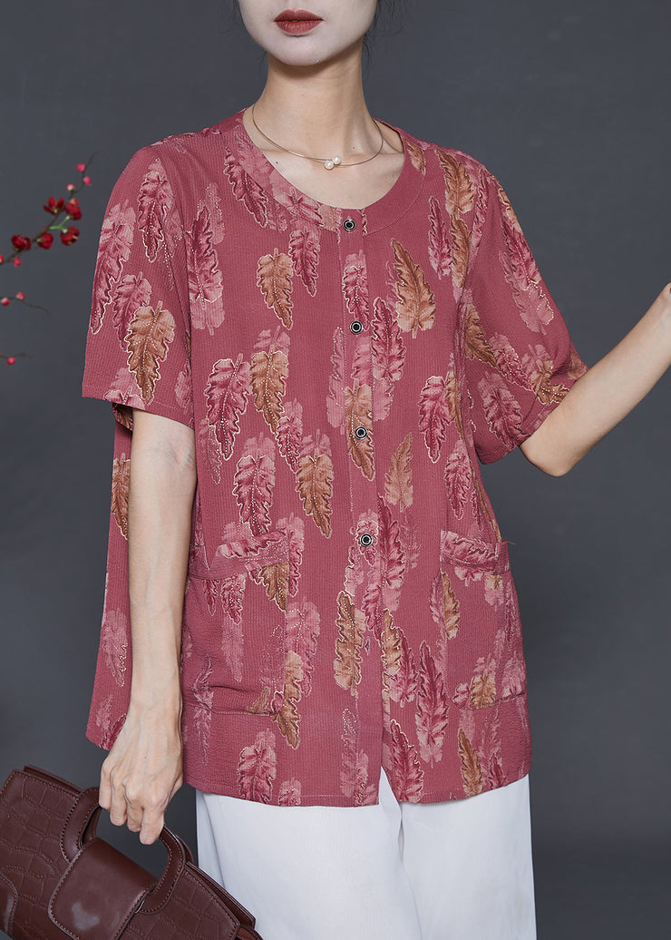 Plus Size Brick Red Oversized Print Silk Shirt Summer
