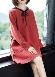 Plus Size Brick Red Patchwork Button Thick Hooded Knit Woolen Sweater Dress Fall