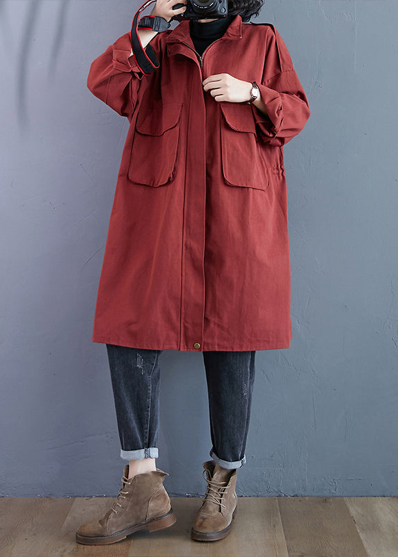 Plus Size Brick Red Zip Up Pockets Patchwork Cotton Trench Coats Fall