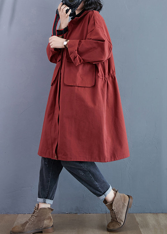 Plus Size Brick Red Zip Up Pockets Patchwork Cotton Trench Coats Fall