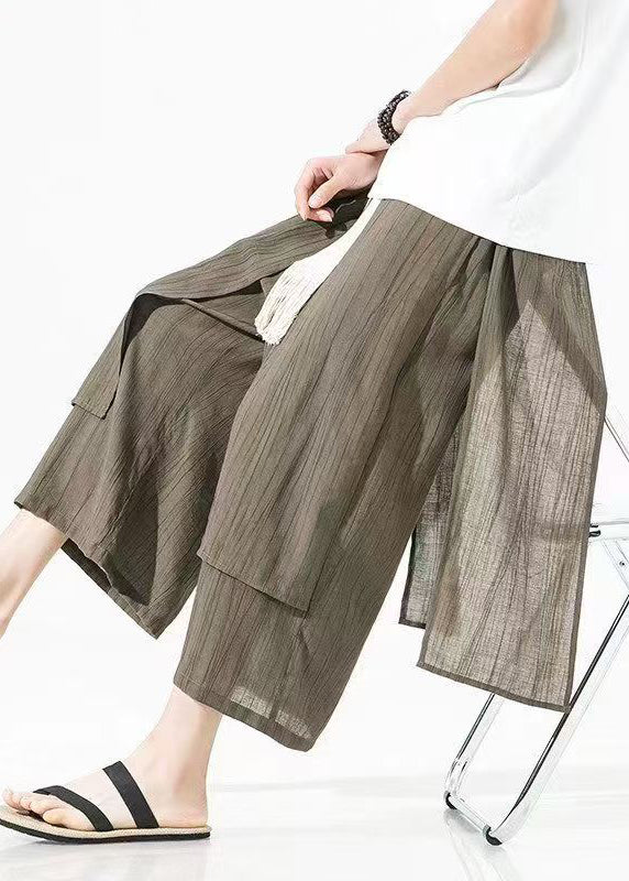 Plus Size Brown Asymmetrical Patchwork Cotton Mens Pants Crop Summer