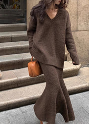 Plus Size Brown Cozy Cotton Knit Sweaters And Maxi Skirts Two Pieces Set Winter