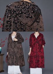 Plus Size Brown Hooded Print Spandex Coat Outwear Spring