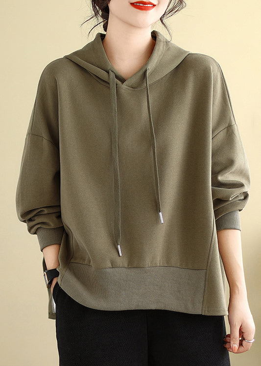 Plus Size Brown Hooded Side Open Cotton Sweatshirts Fall