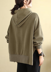 Plus Size Brown Hooded Side Open Cotton Sweatshirts Fall