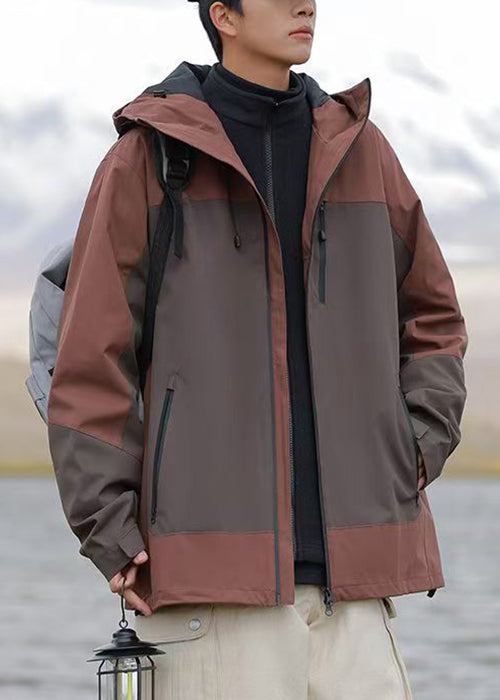 Plus Size Brown Hooded Zippered Patchwork Cotton Mens Coats Spring