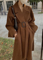 Plus Size Brown Notched Pockets Sashes Trench Coat Spring