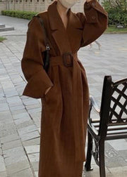 Plus Size Brown Notched Pockets Sashes Trench Coat Spring
