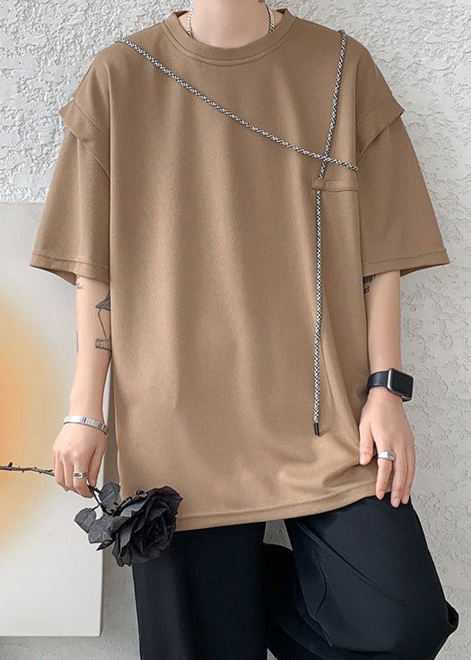 Plus Size Brown O-Neck Patchwork Cotton Men T Shirts Summer