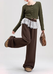 Plus Size Brown Oversized Patchwork Lace Warm Fleece Pants Spring