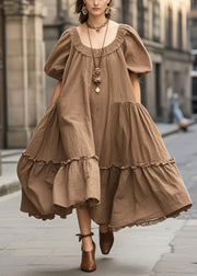 Plus Size Brown Oversized Ruffled Vacation Dresses Lantern Sleeve