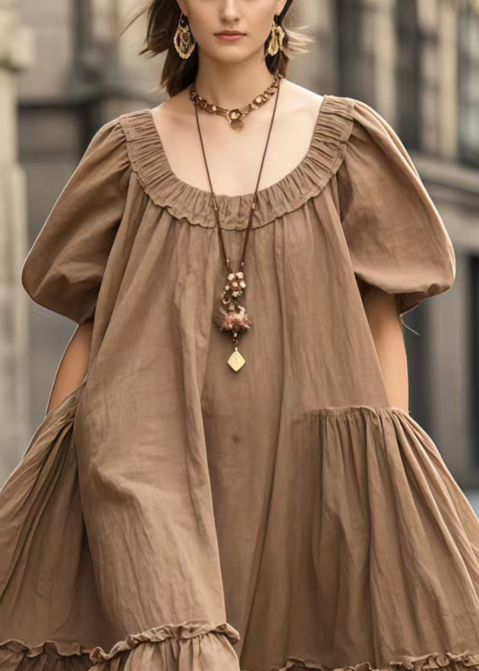 Plus Size Brown Oversized Ruffled Vacation Dresses Lantern Sleeve