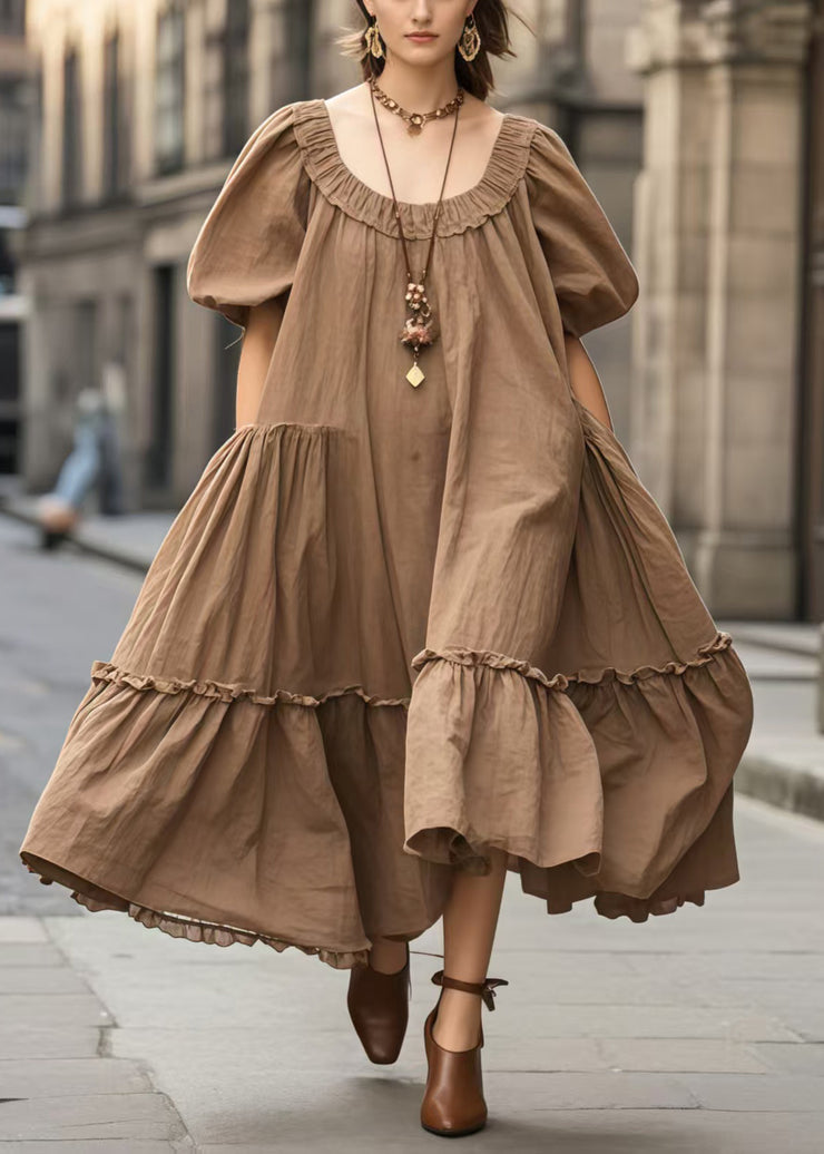 Plus Size Brown Oversized Ruffled Vacation Dresses Lantern Sleeve