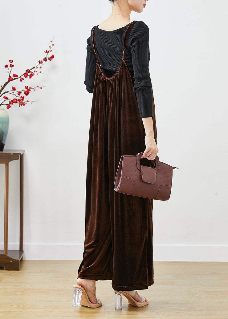 Plus Size Brown Oversized Silk Velour Wide Leg Strap Pants Fall