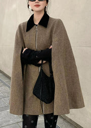 Plus Size Brown Peter Pan Collar Zippered Woolen Coats Spring