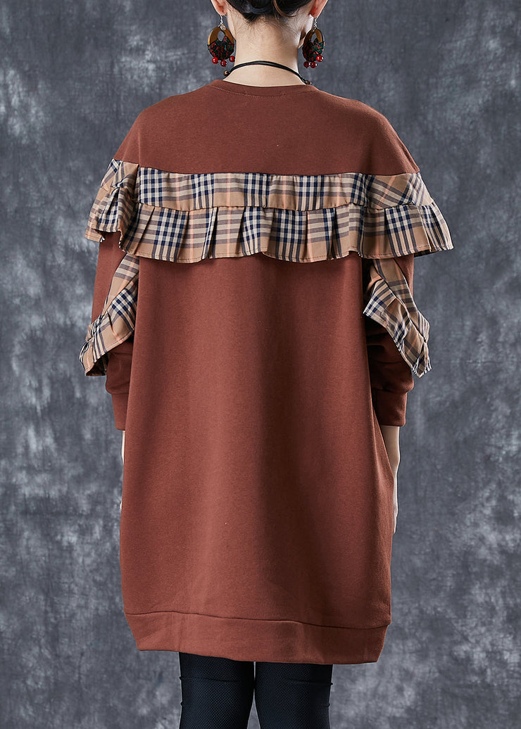 Plus Size Brown Ruffled Patchwork Cotton Sweatshirts Dress Fall