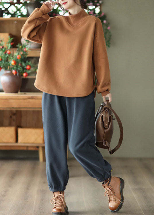 Plus Size Brown Stand Collar Oversized Warm Fleece Sweatshirt Streetwear Winter