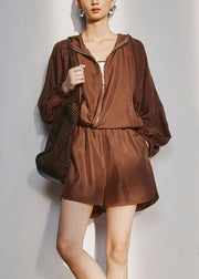 Plus Size Brown Zippered Cinched Hooded UPF 50+ Coat And Shorts Two Pieces Set Summer