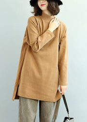 Plus Size Camel High Neck Side Open Warm Cotton Tops Winter