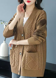 Plus Size Camel V Neck Pockets Button Patchwork Knit Cardigan Fall